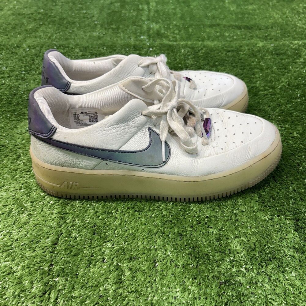 Nike Air Force 1 Sage Low Shoes Womens Size 9 White Iridescent Swoosh AR5409-003
